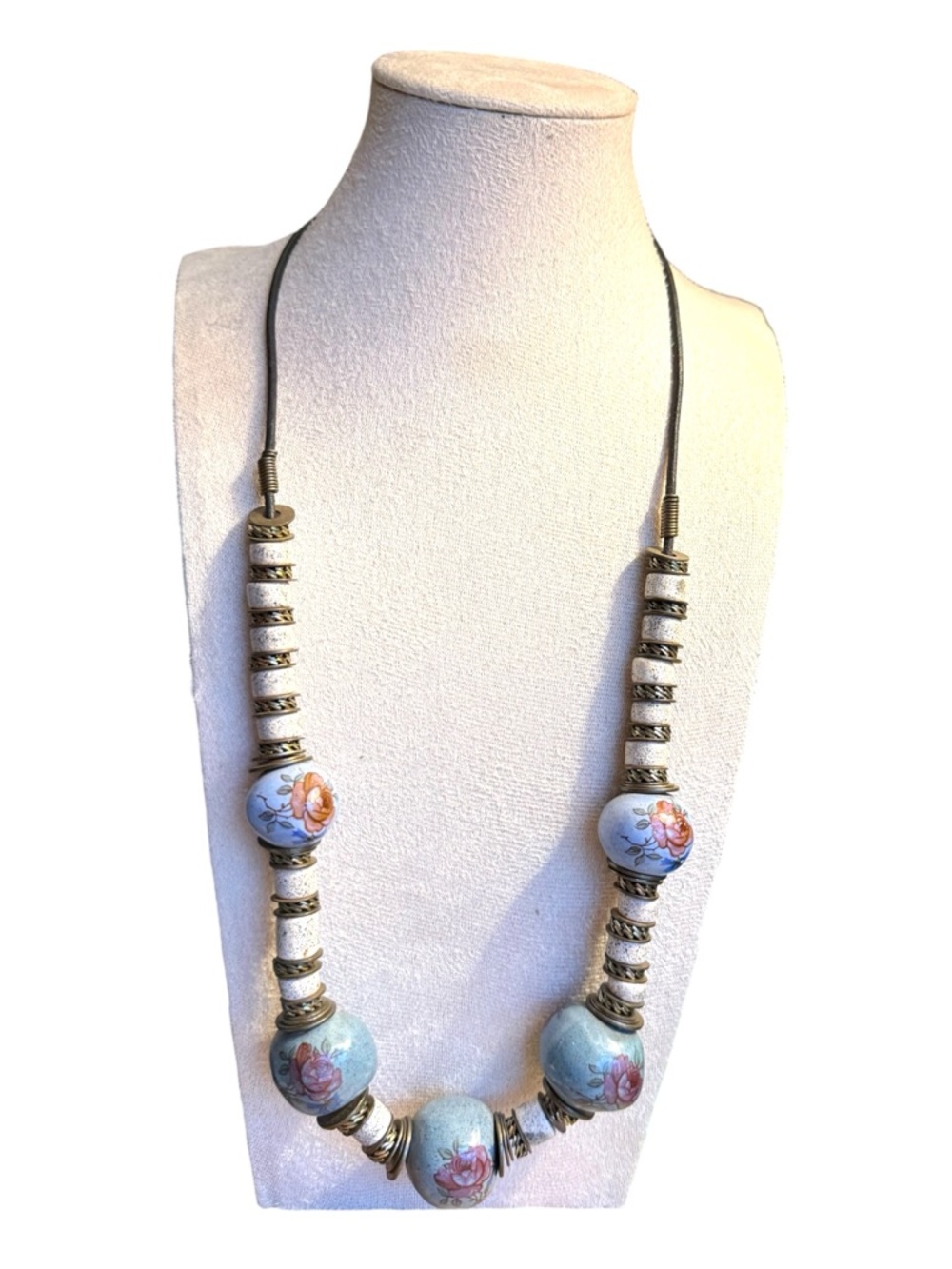Hand-Painted Light Blue Floral Bead Necklace with Antiqued Accents